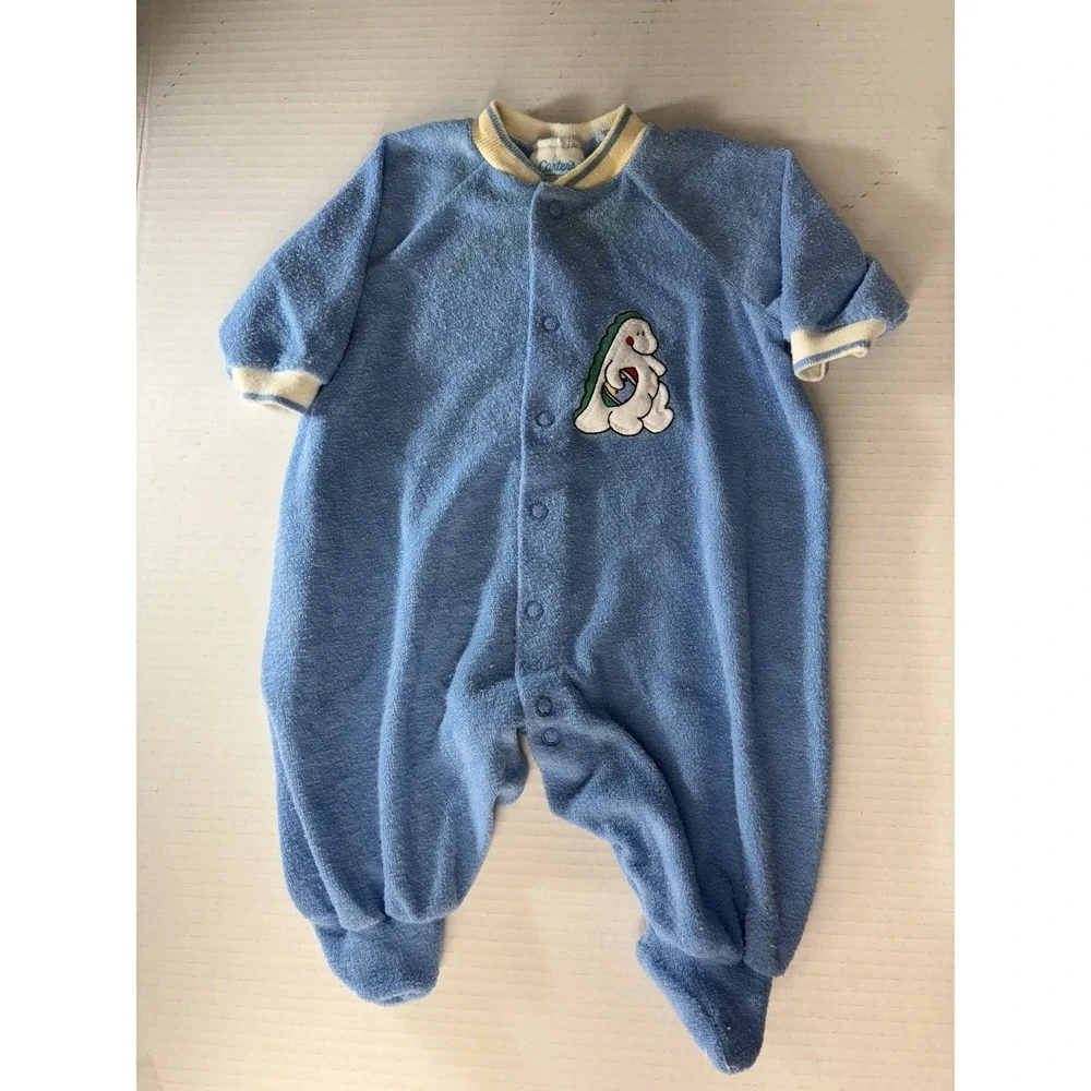 Vintage Carter's Baby Sleeper Terry Cloth Blue Dinosaur Applique Romper 1 Piece